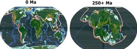 La geografía de la Tierra actual y la geografía esperada de la Tierra dentro de 250 millones