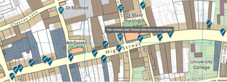 Porción del mapa de los asesinatos en una calle de Oxford hace 700 años