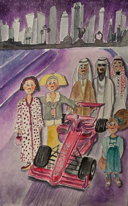 Las tres Tietes, personajes creados por Susi Chin, asisten al GP de F1 de Qatar negándose a taparse con un velo.