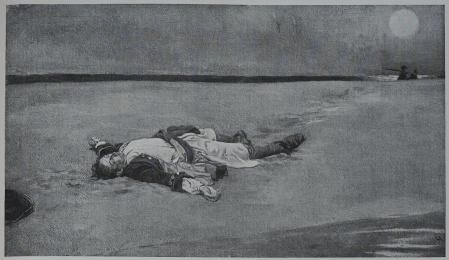 ilustración de un pirata muerto abandonado en la costa (1894), cuadro del pintor Howard Pyle.