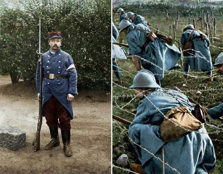 Soldados franceses en la Primera Guerra Mundial, antes (izqda.) y después de introducir cambios en el color de los uniformes