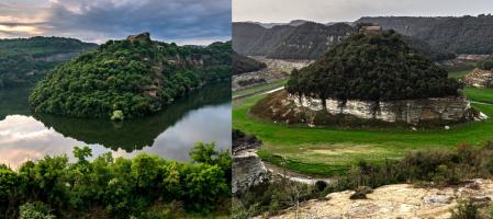 El meandro del Ter en 2021, con agua, y en 2023, seco.