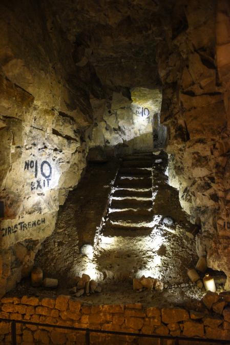 TO GO WITH AFP STORY BY DAVID COURBET
A photo taken on April 6, 2017 shows stairs in one of the tunnels of the underground museum Wellington Quarry (Carriere Wellington), part of many kilometres of tunnels dug by the British Army during WWII, in Arras.. Some 24,000 soldiers of the British army emerged from these tunnels for a surprise offensive at dawn on April 9, 1917. (Photo by DENIS CHARLET / AFP)