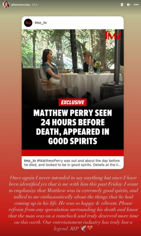 Athenna Crosby ha compartido lo que percibió del actor en sus últimas horas.