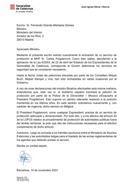 Carta del conseller de Interior, Joan Ignasi Elena, al ministro del Interior, Fernando Grande-Marlaska, solicitando protección para Puigdemont