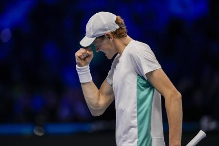 Italy's Jannik Sinner celebrates after winning a point against Russia's Daniil Medvedev during their singles semifinal tennis match of the ATP World Tour Finals at the Pala Alpitour, in Turin, Italy, Saturday, Nov. 18, 2023. (AP Photo/Antonio Calanni)