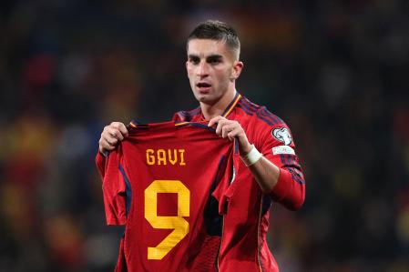 VALLADOLID, SPAIN - NOVEMBER 19: Ferran Torres of Spain celebrates by holding the shirt of teammate Gavi after scoring the team's second goal during the UEFA EURO 2024 European qualifier match between Spain and Georgia at Jose Zorrilla on November 19, 2023 in Valladolid, Spain. (Photo by Gonzalo Arroyo Moreno/Getty Images)