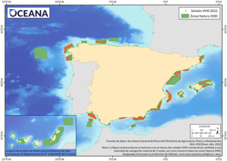En verde, las Zonas Natura 2000 españolas. En naranja, las señales de SSB/VMS correspondientes a embarcaciones de arrastre.