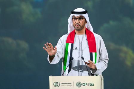 DUBAI, UNITED ARAB EMIRATES - DECEMBER 2: In this handout image supplied by COP28, His Excellency Dr. Sultan Al Jaber, COP28 President speaks during the Energy Session at Al Waha Theater during day two of the high-level segment of the UNFCCC COP28 Climate Conference at Expo City Dubai on December 2, 2023 in Dubai, United Arab Emirates. The COP28, which is running from November 30 through December 12, brings together stakeholders, including international heads of state and other leaders, scientists, environmentalists, indigenous peoples representatives, activists and others to discuss and agree on the implementation of global measures towards mitigating the effects of climate change. (Photo by Stuart Wilson / COP28 via Getty Images)