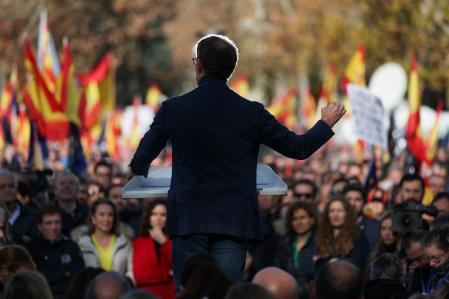 People's Party leader Alberto Nunez Feijoo speaks during a demonstration against the pacts made by Spain's socialist government with the Catalan separatist Junts party, which includes amnesties for people involved with Catalonia's failed 2017 independence bid, at Temple of Debod in Madrid, Spain December 3, 2023. REUTERS/Isabel Infantes