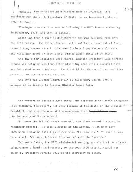 Notas mecanografiadas de Richard Valeriani donde anota la reacción de Kissinger al atentado de Carrero