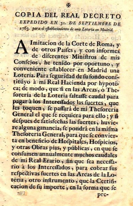 Copia del Real Decreto que estableció la Lotería en 1763.