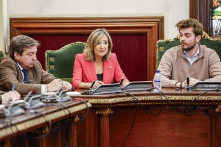 La hasta hoy alcaldesa de Pamplona, Cristina Ibarrola (c) junto a los diputados de UPN, Carlos Salvador (i) y Aitor Silgado (d) durante la moción de censura en el Ayuntamiento de Pamplona