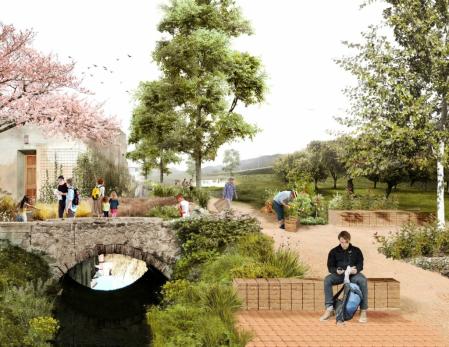 Imagen virtual del Rec Comtal renaturalizado a la altura del Pont de la Vaca, en Vallbona