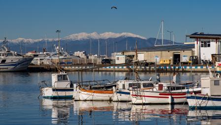 El Canigó nevado visto desde la bahía de Roses.