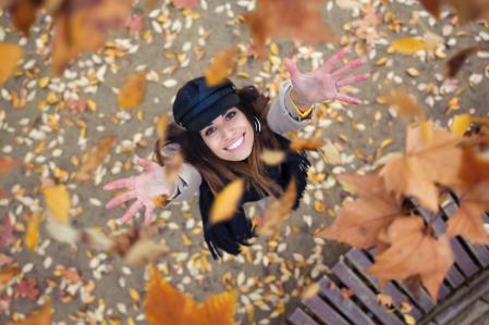 Shot of pretty young woman looking to the sky with arms raised as leaves fall from the trees in the park in autumn. (Shot of pretty young woman looking to the sky with arms raised as leaves fall from the trees in the park in autumn., ASCII, 116 compon