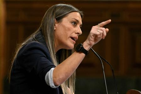 Catalan separatist party Junts per Catalunya (Together for Catalonia) MP Miriam Nogueras delivers a speech during a plenary session before a vote on the government's controversial amnesty bill, at the Congress of Deputies in Madrid on January 30, 2024. Spanish lawmakers are voting on a deeply divisive law that would give amnesty to Catalan separatists and has sparked trenchant opposition from the right. Passing the law was a condition laid down by the hardline Catalan separatist JxCat party in exchange for its crucial parliamentary support to enable Pedro Sanchez to begin a new term as prime minister in mid-November. The controversial law will apply to those wanted by the justice system over the failed 2017 Catalan independence bid, first and foremost JxCat's exiled leader Carles Puigdemont. (Photo by JAVIER SORIANO / AFP)