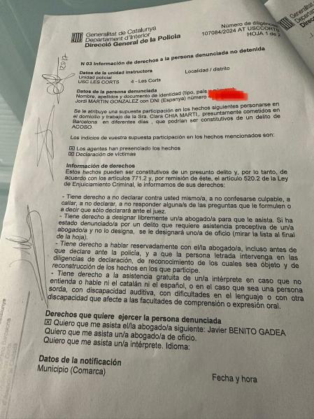 Denuncia interpuesta por Clara Chía contra Jordi Martín.