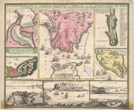 El Estrecho de Gibraltar en un mapa grabado por los herederos de Juan Bautista Homann, geógrafo del Kaiser de Prusia (1715)
