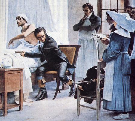 René Laennec examinando a un enfermo, pintura de 1816 de Théobald Chartran.