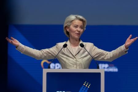BUCHAREST, ROMANIA - MARCH 7: Ursula von der Leyen, the President of the European Comission, gives a speech at the European People's Party (EPP) annual congress on March 7, 2024 in Bucharest, Romania. The EPP, a transnational party which includes many European Christian democratic and center-right parties, is bringing together leaders from across Europe for a two-day congress. The congress will cover the selection of the party's lead candidate for the European Commission presidency and preparing for the European Parliament elections in June.(Photo by Andreea Campeanu/Getty Images)