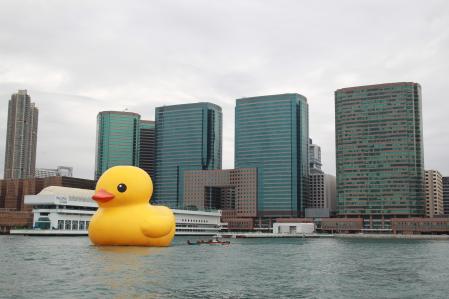 HONG KONG, CHINA - MAY 02: (CHINA MAINLAND OUT)  Rubber Duck World Tour Exhibition was held on Thursday May 02, 2013 in Hong Kong, China. A lot of citizens and tourists went to see the giant cute duck by Victoria Harbour.  (Photo by TPG/Getty Images)