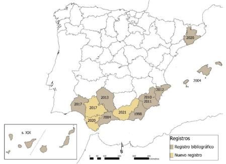 Distribución de 'P. longicornis' en España, según Luna-Santamaría et al. (2022).