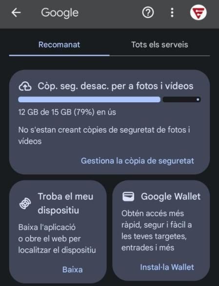 Opciones de Google en el móvil.