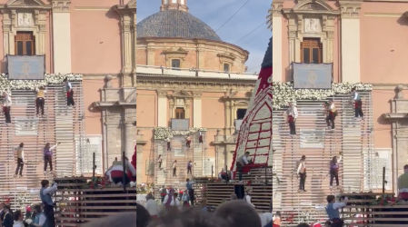 Surrealista escena de la colocación de las flores en la ofrenda de las Fallas 2024: “Menos mal que no son ladrillos en una obra”