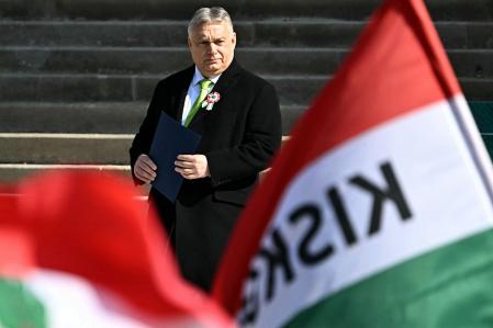 Hungarian Prime Minister Viktor Orban arrives to deliver a speech on March 15, 2024 in front of the National Museum building in Budapest, on the occasion of National Day, the country's national holiday. March 15 marks the beginning of the revolution against the Austrian Empire in 1848. (Photo by ATTILA KISBENEDEK / AFP)