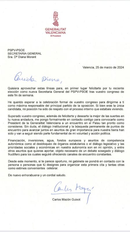 El contenido de la carta enviada por Carlos Mazón a Diana Morant.