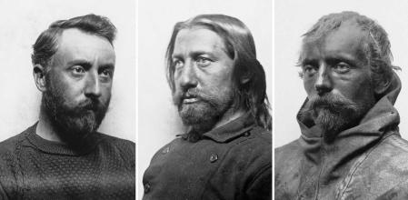 Los tripulantes del Belgica volvieron hinchados por el escorbuto. De izqda. a dcha., De Gerlache, Cook y el loco, Adam Tollefsen.