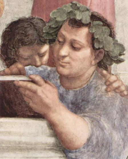 La escuela de Atenas, de Rafael Sanzio. Epicuro aparece a la izquierda, leyendo un libro, junto a Zenón de Citio.