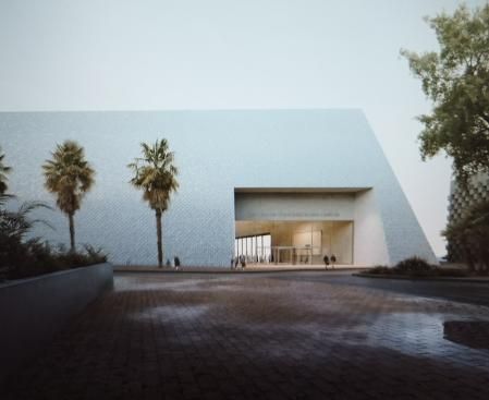 Detalle exterior del edificio principal del futuro centro de congresos de Alicante.