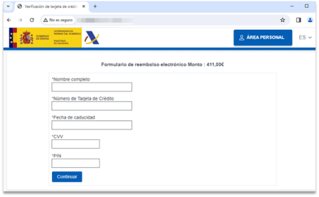 Formulario de una web que suplanta a la Agencia Tributaria en la que se solicitan datos personales y bancarios de las víctimas