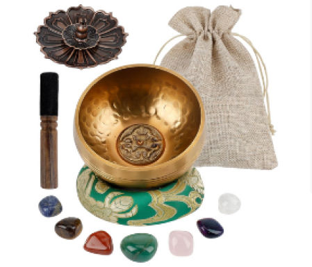 Juego de Cuenco Tibetano, incluye cuenco tibetano hecho a mano, mazo y cojín de seda