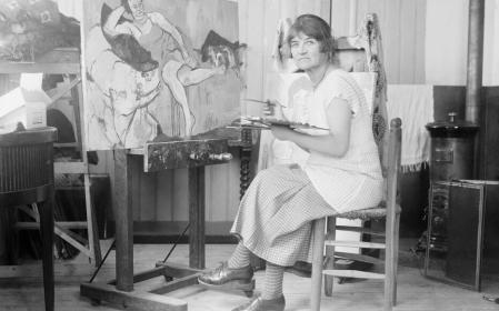 (Original Caption) Madame Suzanne Valadon, born in Montmarte, returned there to become a famous as a painter. Raised as a member of an acrobatic troupe, here circus career was ended when she fell from a great height. While posing for Povis de Chavannes and Toulouze Lautree she did some sketching of her own. She attracted the attention of the great master Degas, who developed her into one of the foremost artists of France.