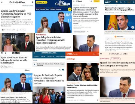 Combo de imágenes de la prensa internacional sobre la decisión de Pedro Sánchez