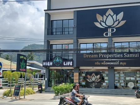 Una inmobiliaria cuyo nombre promete un sueño para grandes patrimonios junto a una tienda de cannabis que promete una alta vida para más bolsillos. Una combinación habitual en Samui.