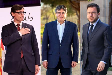 Salvador Illa, Carles Puigdemont y Pere Aragonès, candidatos de PSC, Junts y ERC, respectivamente