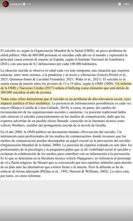 Joana Sanz publica una reflexión sobre el suicidio.