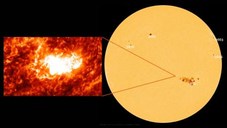 El conjunto de manchas solares 3664, y detalle de una fulguración generada en esta región del Sol el 9 de mayo