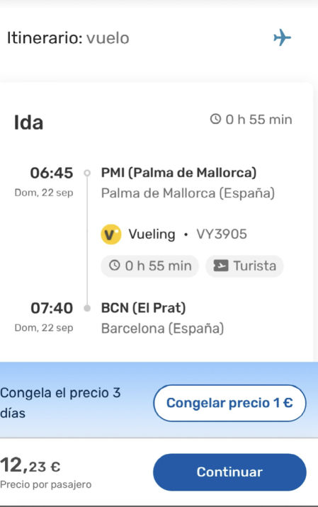 El billete comprado se trata de un vuelo el 22 de septiembre de Palma de Mallorca a Barcelona