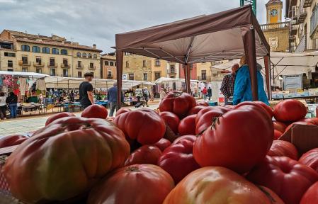 Martes lluvioso de mercado en la Plaça Major de Vic.
