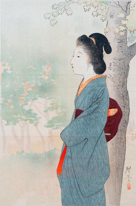 Mujer en verano, grabado  en madera de Kōgyō Terasaki.