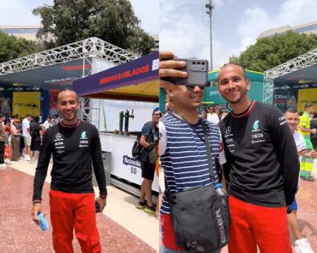 El doble de Lewis Hamilton sacándose fotos con fans