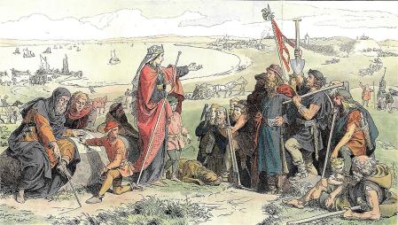 Ilustración del siglo XIX de la reina Thyra Danebod con sus hijos aún pequeños Knut y Harald (derecha).