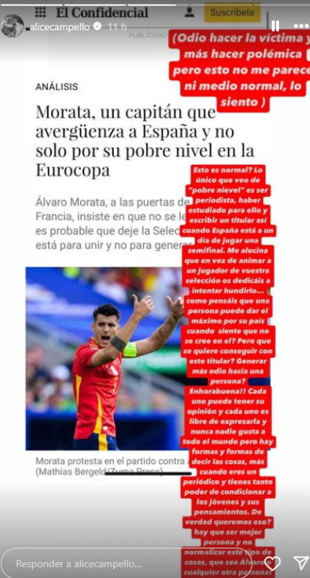 Alice Campello estalla en Instagram