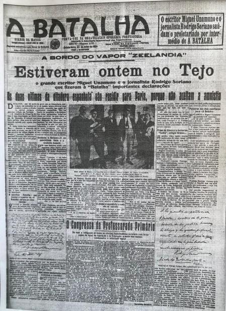Portada del diario 'A Batalha' en el que Unamuno efectúa sus declaraciones