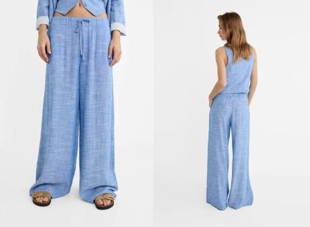 Pantalón wide leg cintura elástica con lino